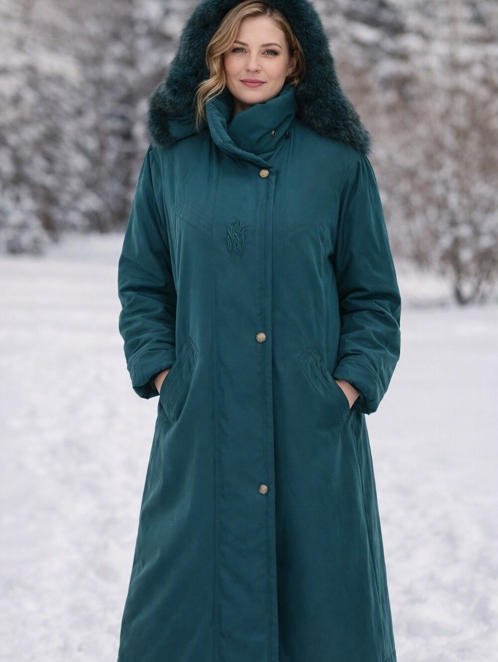 Vintage 80s Teal Long Women's Winter Coat with Detachable Fox Fur Hood. Size XS